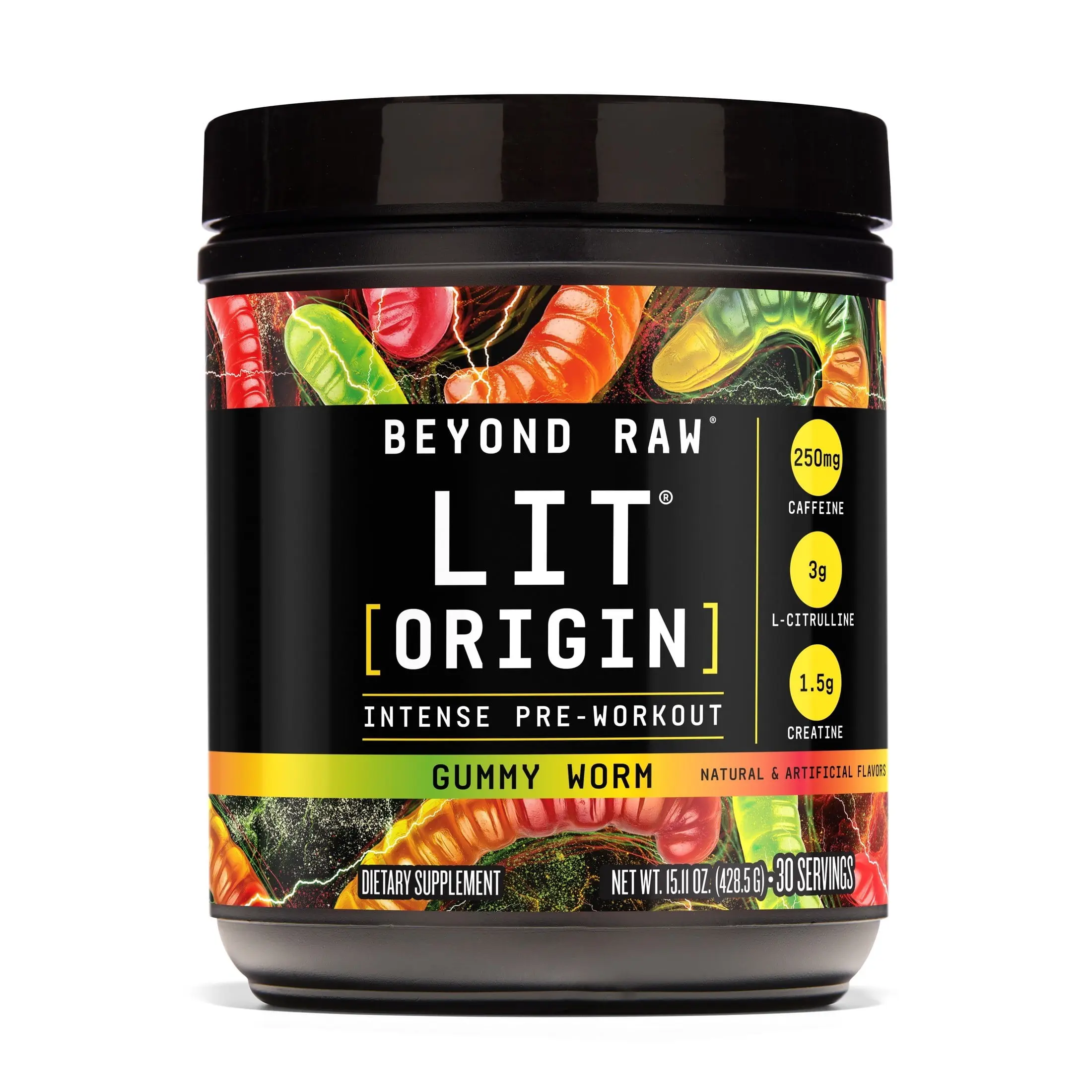Beyond Raw LIT Origin Pre Workout Powder, Gummy Worm, for Men & Women, Energy & Pumps, 30 Servings