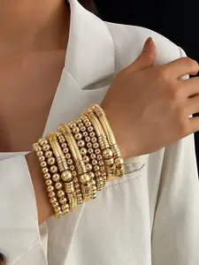 10 PCS Gold Bracelets for Women Gold Bracelet Stack Pearl Beaded Bracelets for Women Strand Bead Ball Stretchable Elastic Bracelet Set Adjustable Fashion Accessories Jewelry for Gifts