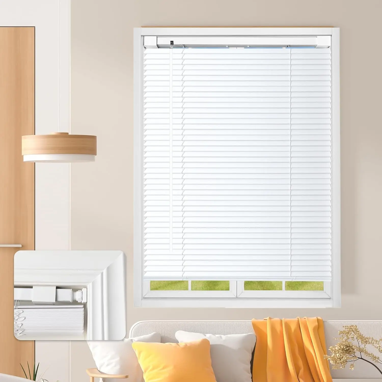 No Tools No Drill Cordless Mini Blinds, 1" L-Shaped Slats Light Filtering Shades, Horizontal Vinyl Blinds for Indoor Windows, White,22.5" Wx 48" H