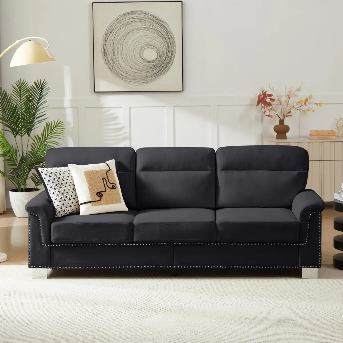 82" Modern Compressed Snowfleece Fabric 3-Seater Durable Chesterfield-Style Traditional Sofa - Couch for Living Room, Indoor Bedroom Furniture