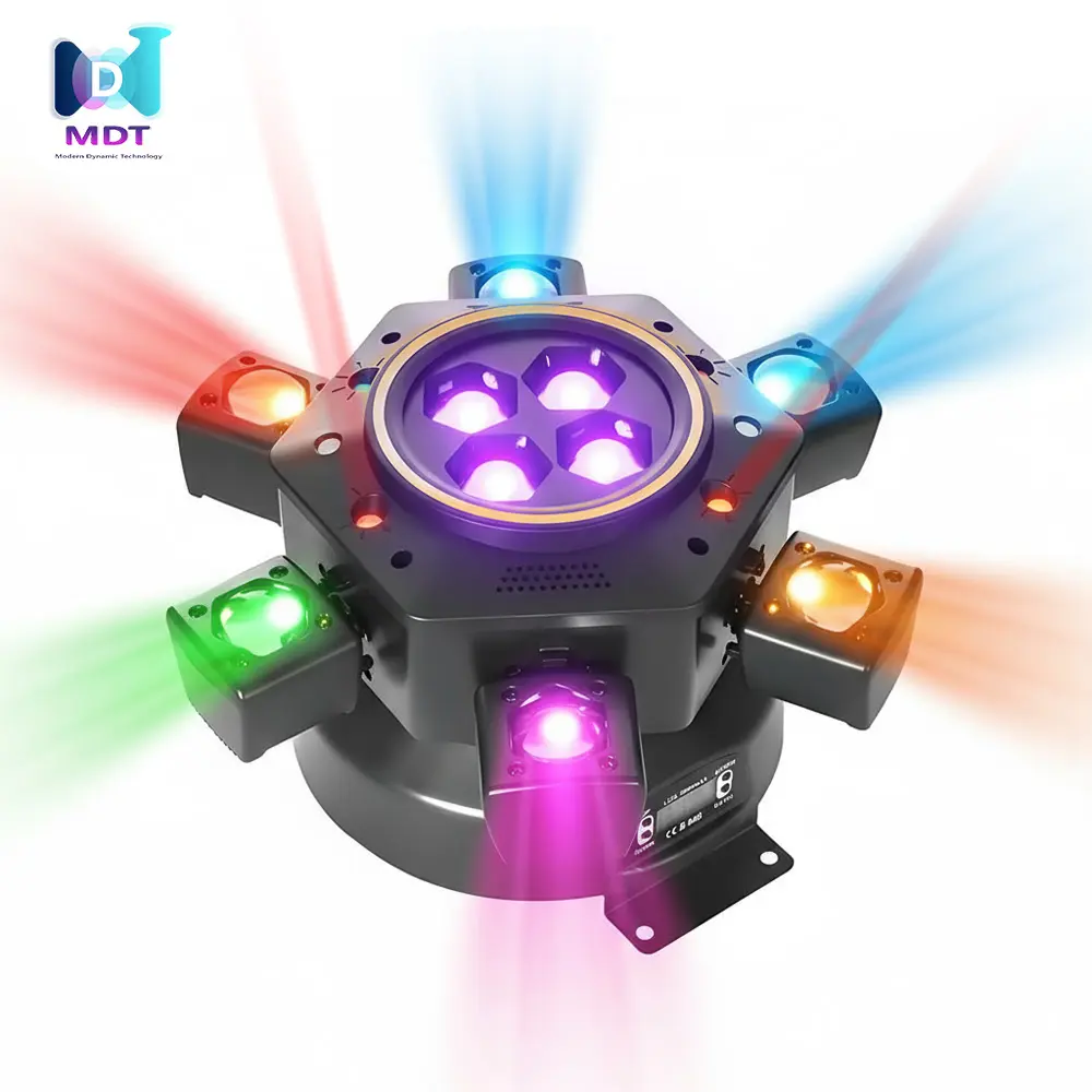 MDT Halloween Gifts  Super 6-IN-1 Moving Head DJ Lights with RGBW 6-Arm Beams, Bee-Eyes Effect, 4 LED Strobes, DMX-512 & Sound Activated, Stage Lights for Party Disco KTV Wedding Club