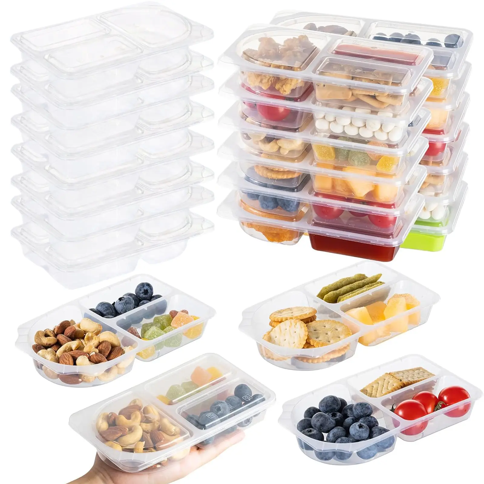 20-Pack Reusable Snack Boxes with Utensils, 260ml Double-Compartment & 3-Compartment Airtight Stackable Portable Food Containers for Camping, Daily Use