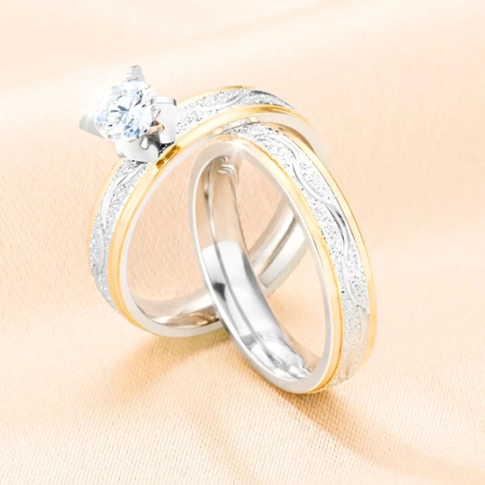 Set of 2 double rings with two-tone synthetic stones, simple, fashionable and versatile style, for parties and gifts