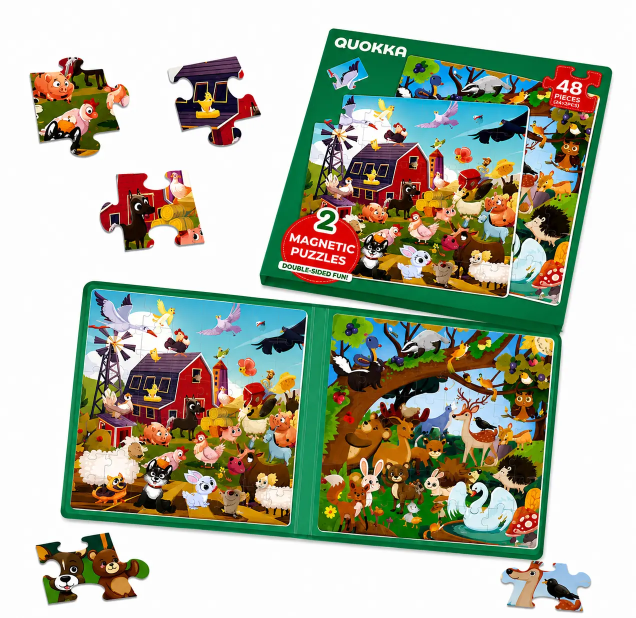 QUOKKA Magnetic Puzzles Book - 2 Sets of 48-Piece Jigsaw Puzzles, Shape Recognition Puzzles for Ages 4-6, Farm Animals & Forest Themed Kids' Travel Activity Toy, Pieces Jigsaw Puzzles Montessori Puzzles Gift Puzzle Game