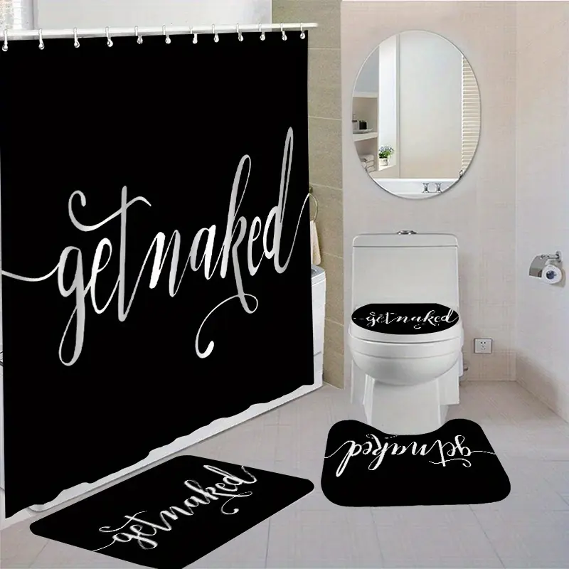 HOT 1/4pcs "Get Naked" Bathroom Set  Includes Waterproof Polyester Shower Curtain (70.87"x70.87") With 12 Hooks  Toilet Seat Cover  Non-Slip Rug  And Mat  Washable Bathroom Decor Accessories Pedestal