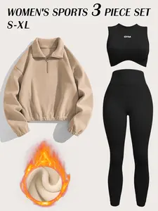 TCVC Women's High Neck Half-Zip Sweatshirt + Seamless Knit  Super Stretchy Sports Short Sleeve Top  + High Waist Leggings  3-Piece Set, Solid Color, Autumn/Winter, Stretchy Sheer-Proof, for Running, Yoga, Gym, Outdoor, Casual & Leisure activewear