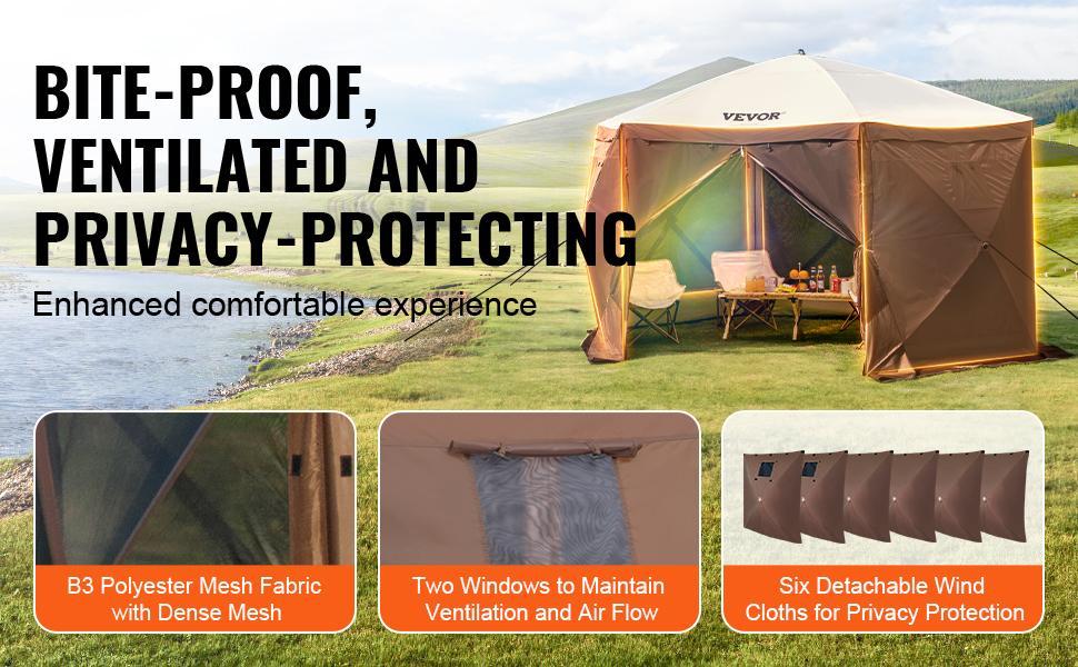 【DealsForYouDays】VEVOR Camping Gazebo Screen Tent, 12*12ft, 6 Sided Pop-up Canopy Shelter Tent with Mesh Windows, Portable Carry Bag, Stakes, Large Shade Tents for Outdoor Camping, Lawn and Backyard, Brown/Beige