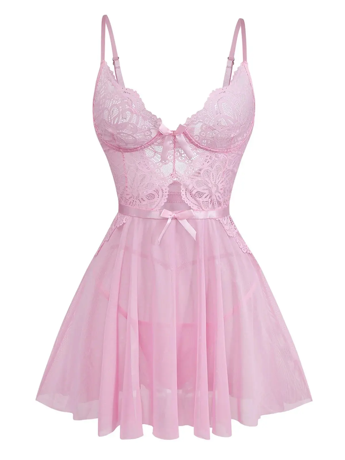 RETRO STAGE Women's 1950s Retro Lace 2-Piece Babydoll Sleepwear Set, Spaghetti Straps, Bow Detail, Above-Knee Night Gown, Girly Look, Hook And Eye Closure, No