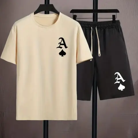 Men's Loose Letter Print Tee & Drawstring Shorts Set, Casual Style Set, Menswear, Full Sets Men Outfit, Round Neck Short Sleeve Top & Track Shorts for Men, Men Two-piece Outfits for Indoor Outdoor Sports, Shorts Matching Set