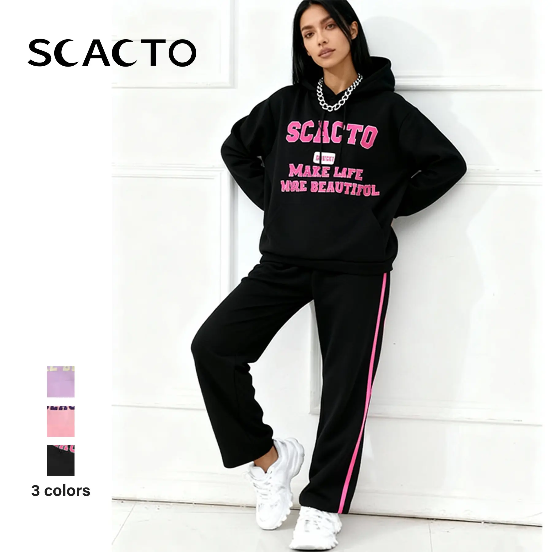 Scacto Women's 2-Piece Cotton Tracksuits - Oversized Acid Wash Fleece Hoodie with Kangaroo Pocket, Drawstring Long-Sleeve Pullover, Slogan Design, Loose Jogger Sets for Fit, Spring, Autumn, Women's Clothes, Clothes