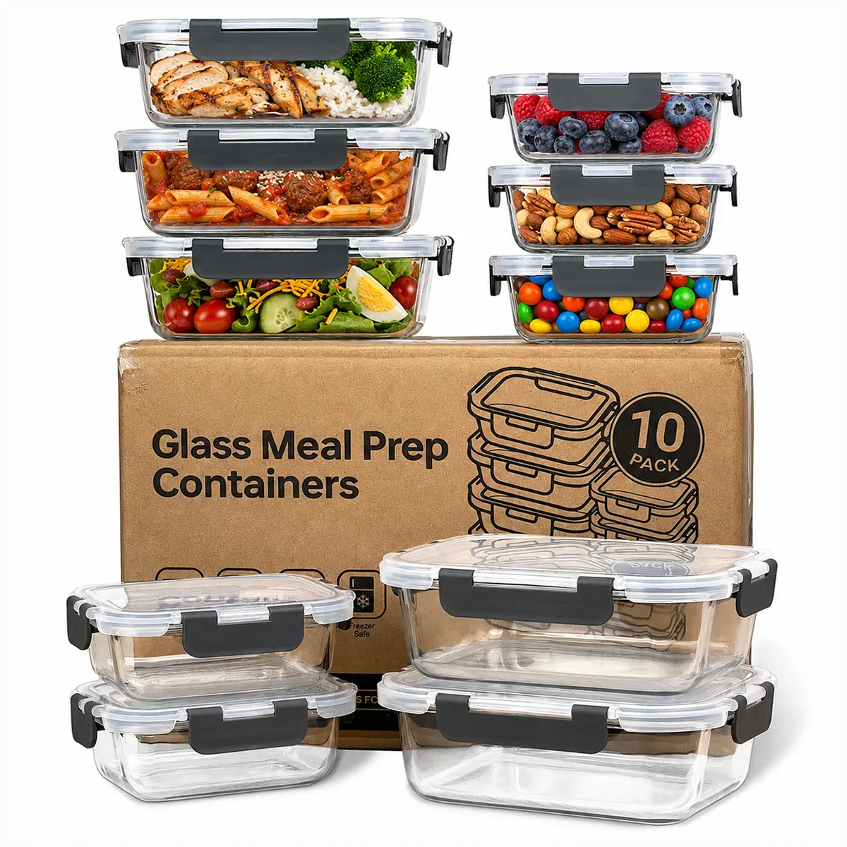 10-Pack Glass Food Storage Containers with BPA-Free Airtight Locking Lids, Leak-Proof Meal Prep & Lunch Containers, Microwave Oven Freezer Dishwasher Safe, 10 Glass Containers + 10 Lids for Weekly Meal Prep