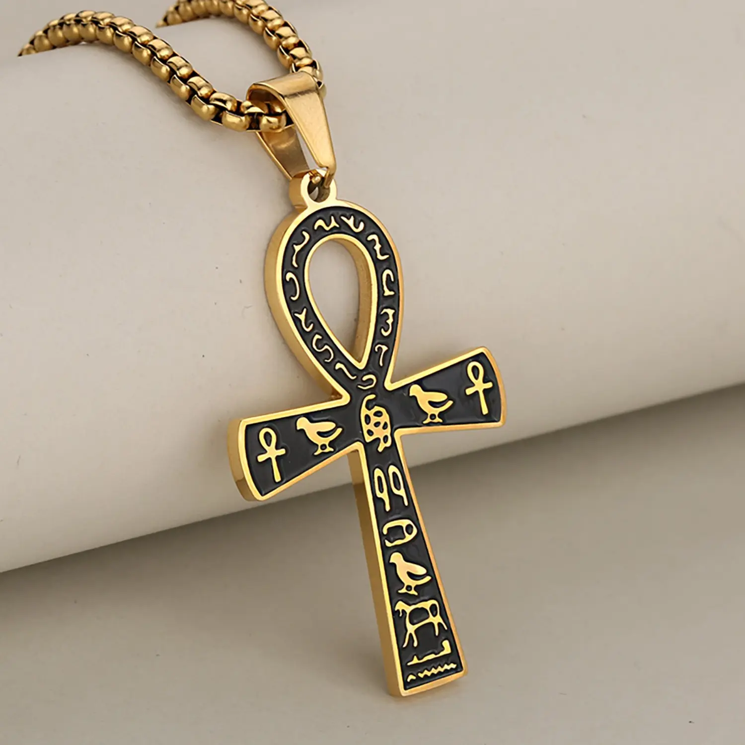 FLORIDECO Egyptian Stainless Steel Ankh Symbol Pendant Necklace - 24in Cuban Link Chain Jewelry, Black/Gold/Silver Trendy Accessory for Christmas, Ankh Symbol Necklace, Egyptian Ankh Necklace