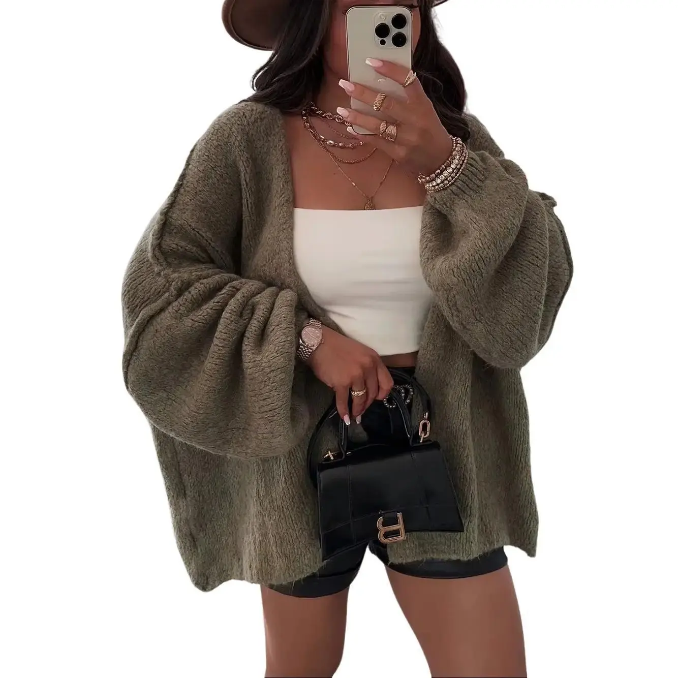 Shuangfuxiang Autumn Winter New Casual Knitted Sweater Cardigan Jacket Loose Long Sleeve Solid Color Mid-Length Women's Knitwear Minimalist Tops