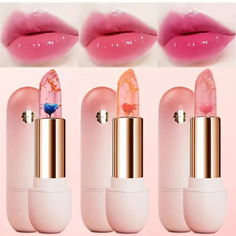 3 PCS Transparent Petal Temperature-Changing Lipstick & Lipgloss Set - Waterproof, Long-Lasting Cosmetic Makeup Products, Hydrating, Moisturizing Daily Lip Care with Glossy Finish for Summer Glam