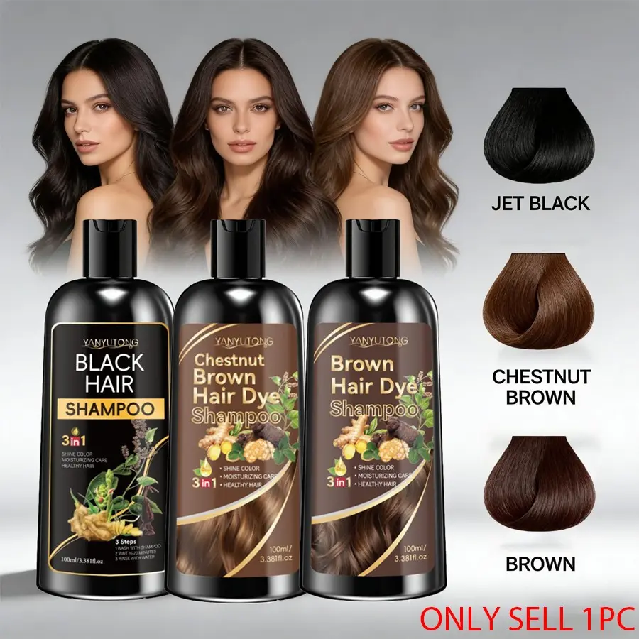 100 ml 3-in-1 Hair Dye Shampoo Collection, Hair Coloring with 3 Shades Available: Jet Black, Chestnut Brown & Brown, Natural Herbal Formula that is Gentle, Mild, Nourishing & Moisturizing, Covers Gray Hair in 10 Minutes with Shiny & Long-Lasting Color