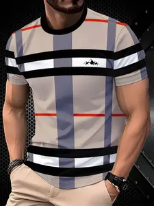 Men's Casual Fitted Short Sleeve T-Shirt, Casual Style Tee, Pure Color Round Neck, Breathable Comfort Streetwear Street Style, Modern Striped Pattern Knitted Fabric, All Seasons, Menswear