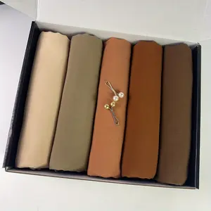 [5pcs Chiffon Headscarf Combination] 1box Women's Solid Color Combination Box Muslim Ramadan Festival (5pcs + 2pcs Clip) Hijabs