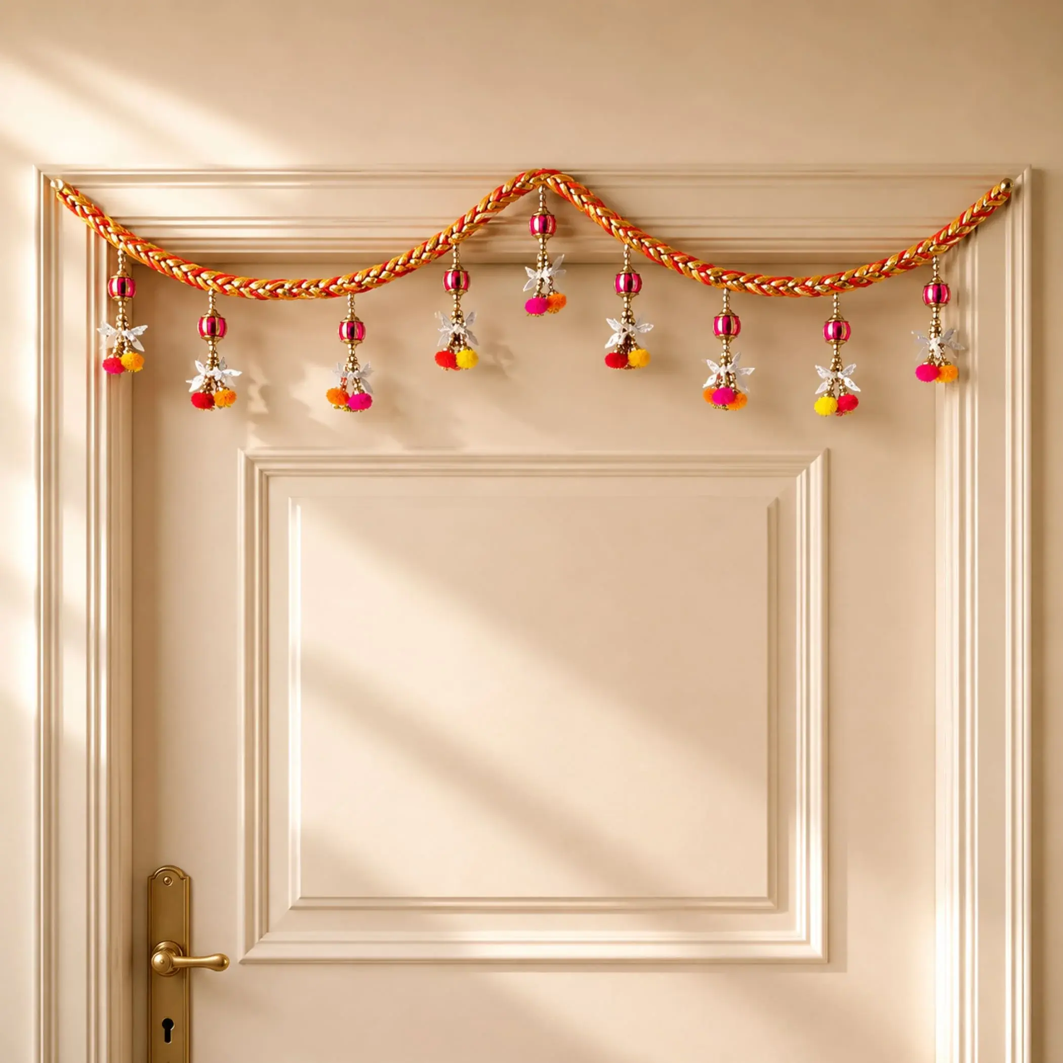 Traditional Indian Toran with Multicolor Beads and Flowers | Festive Wall Decor for Diwali, Weddings, Navratri | Sacred Entrance Handmade Elegance