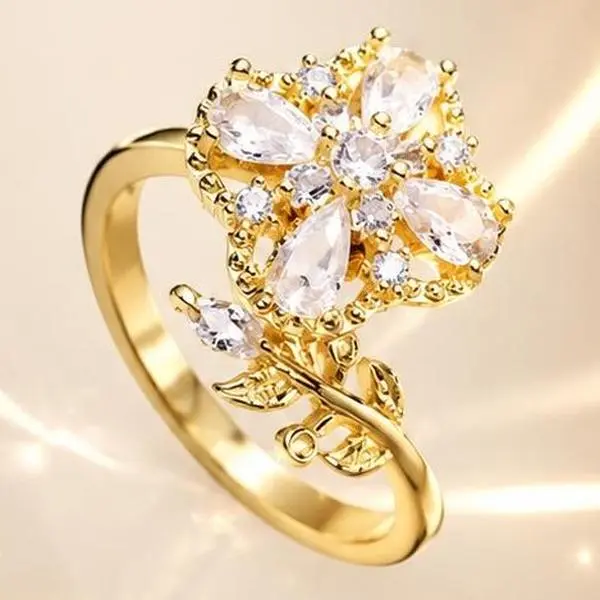 Glamorous Gold Tone Rose Flower Cubic Zirconia Adjustable Ring for Women, 12mm Floral Ring with 8mm Leaf Accent, Stackable Comfort Band Statement Jewelry, Ideal for Valentine’s Day & Daily Outfit, Rings For Women, Gold Rings