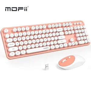 MOFII Wireless Keyboard and Mouse Combo, Computer Full Size 2.4G Plug and Play Wireless Typewriter Retro Round Keyboard and Mouse Set for Windows, Computer, Desktop, PC, Notebook - (Light Orange)