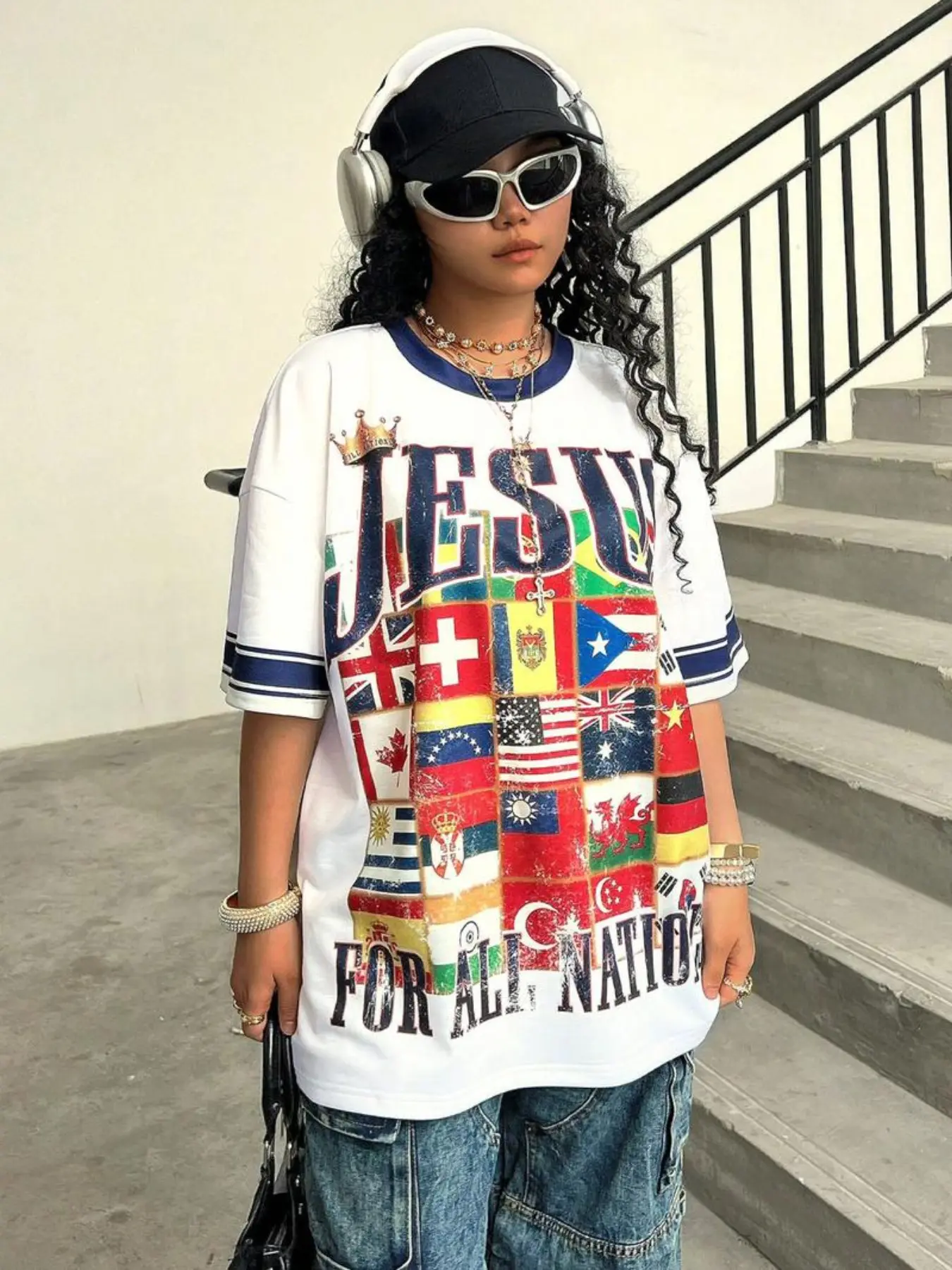 Vintage Flag Patchwork T-Shirt, American Street Style Loose Short Sleeve Top, Jesus for All Nations Slogan, Multi-Flag Print, Blue Striped Collar
