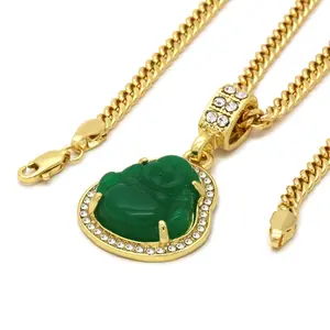 Lucky Happy Green Jade Buddha Iced Gold Silver Plated Religious Pendant & 4mm 18" 20" 24" Cuban Chain Necklace Fashion Jewelry Gift For Men, Women, Unisex