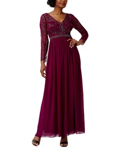 Adrianna Papell Women's Bordeaux Beaded Bodice Long Sleeve Gown Dress