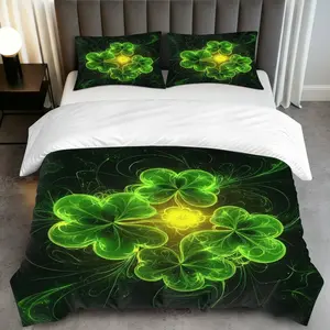 3PCS Duvet Cover Set, 1 Duvet+2 Pillowcases(Without filler), Green Shamrock Clover Glow theme, St. Patrick's Day bedding set, Artistic Vibrant Pattern Suitable for decoration bedroom, guest room, hotel, lounge.