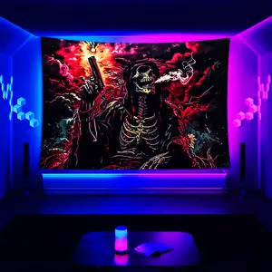 Red Reflective Smoke Skull Print Tapestry - UV Blacklight Reactive Wall Hanging with Pistol Design, Polyester Decorative Art Piece for Dorm and Bedroom