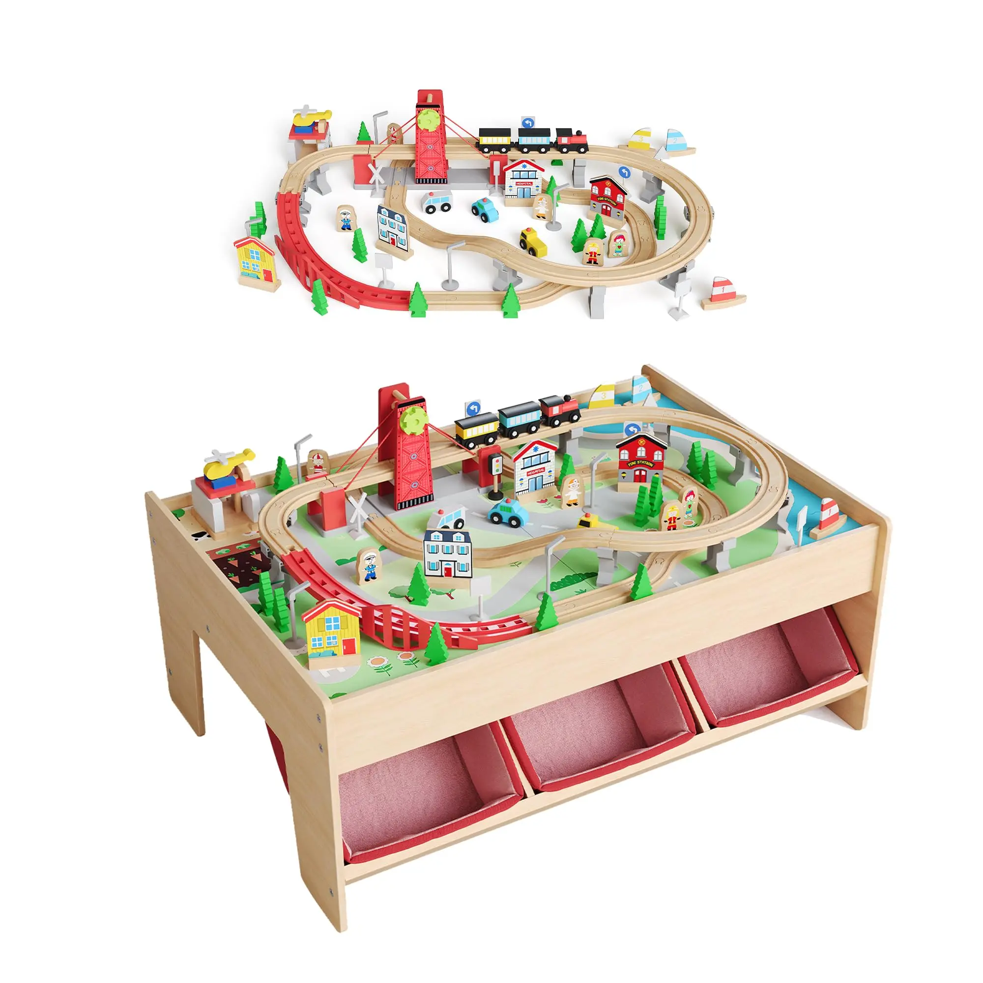 2-in-1 Wooden Train Table Playset for Kids, Reversible Activity Table with 92-Pc Tracks & Train Set, 3 Storage Bins, Premium Solid Wood Play Table, Ages 3+