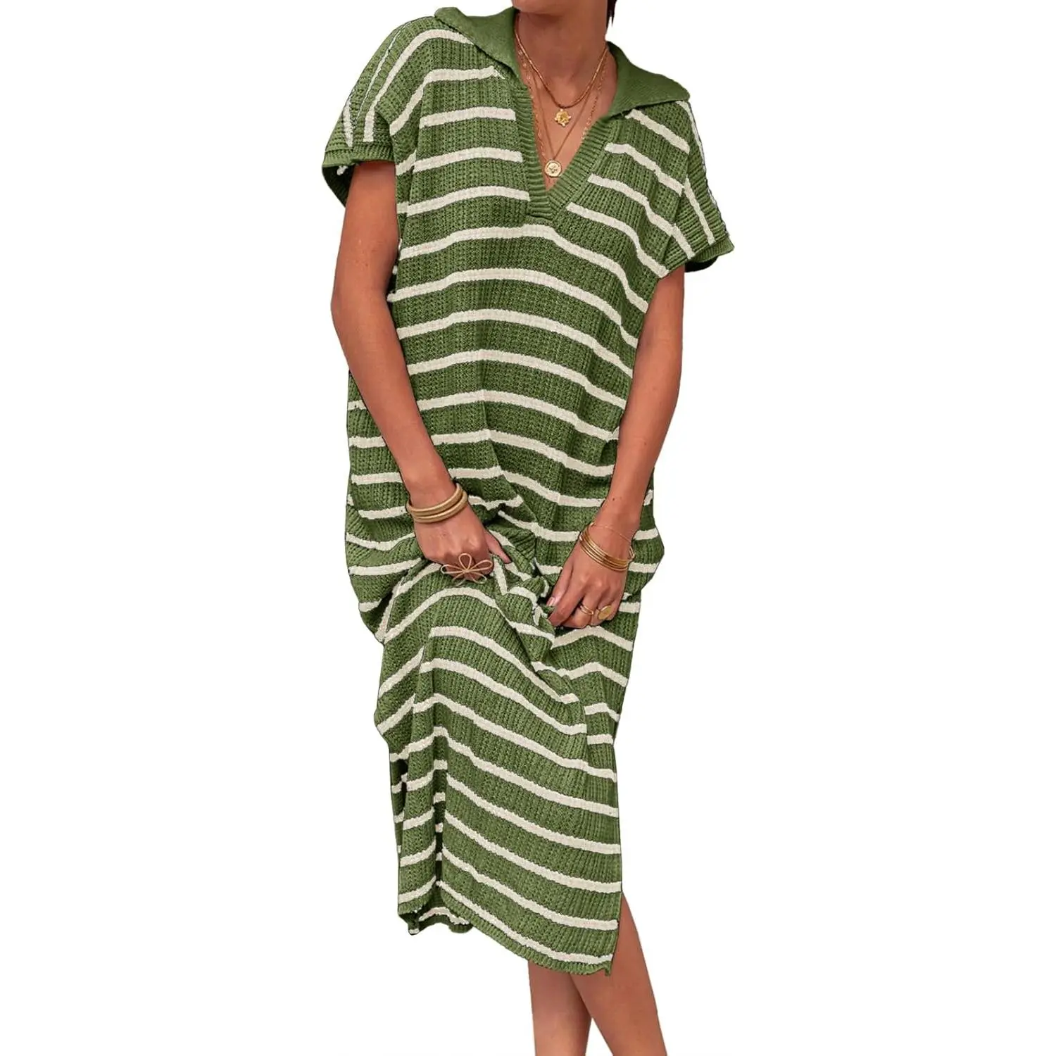 Saodimallsu Women's Casual Striped Knit Maxi Dress - Short Sleeve Collared V-Neck Sweater Dress with Side Slit, Hand Wash, for 2026 Street Wearing, Summer Vacation, Evening