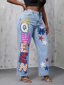 JR JEANIUS WEAR Women's High Waist Wide Leg Denim Jeans - High Stretch Light Wash, QUEEN Letter Star Bow Graphic, Casual Sequin Oversized Semi Baggy Streetwear Piece for Outdoor Use,summerwins