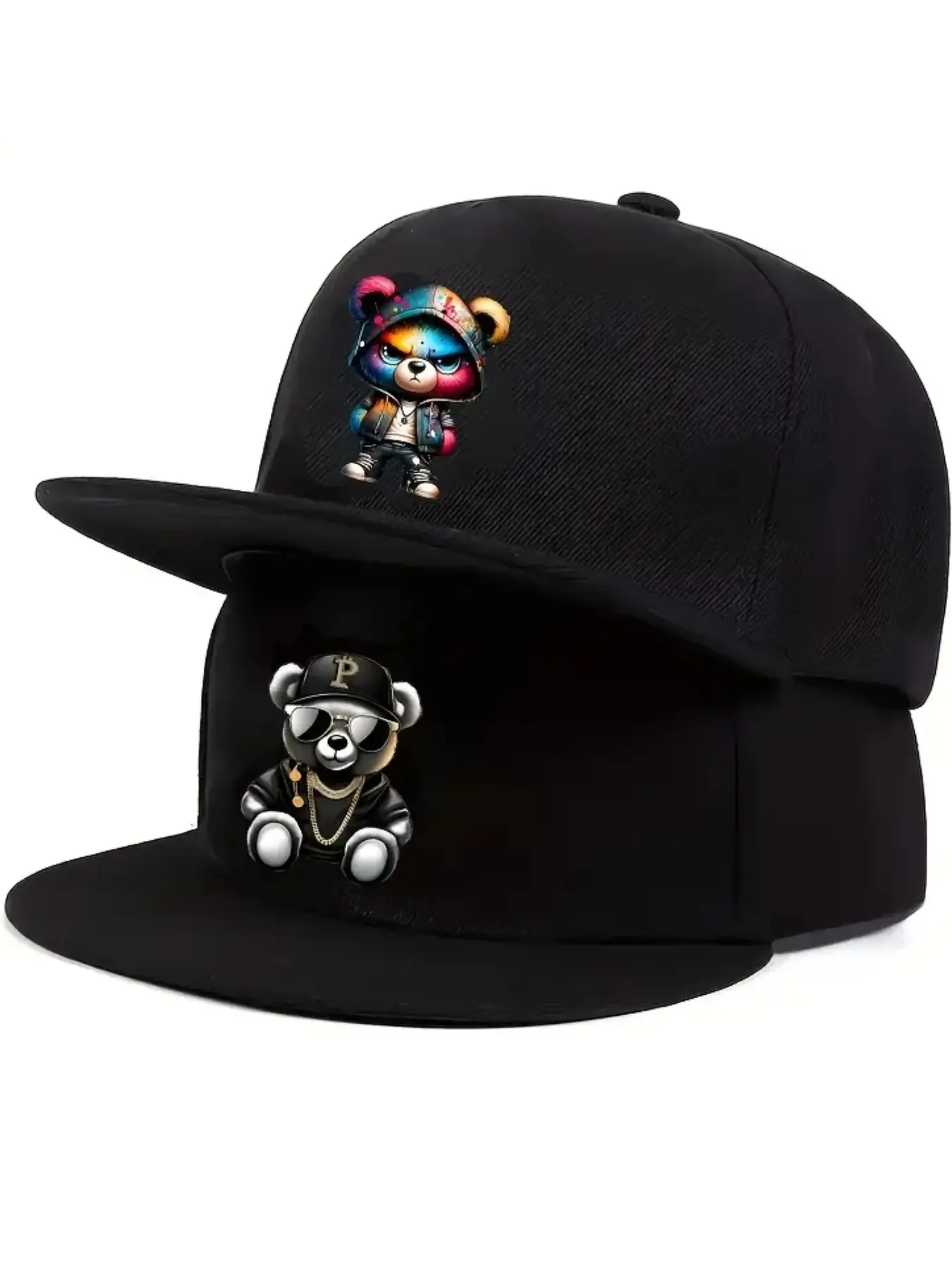 2pcs Cartoon Bear Print Unisex Flat Brim Baseball Cap, Street Style Outdoor Sports Hat, Adjustable Casual Hats, Perfect Gift for Friends, Graphic Trucker Hat