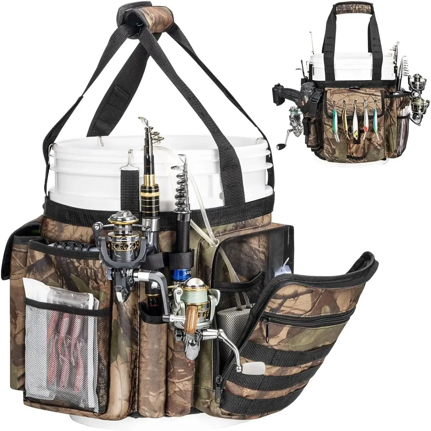 Ice Fishing Bucket Organizer - 5 Gallon Adjustable Caddy with Multi-Pockets for Fishing Gear
