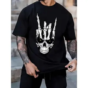 Vibrant Skull Hand Print Crew Neck Tee Shirt - Soft Slight Stretch Cotton Fabric, Regular Fit, Geometric Pattern, Casual Short Sleeve Top for Men - Perfect Gift for Summer, Spring, Fall, and All Seasons