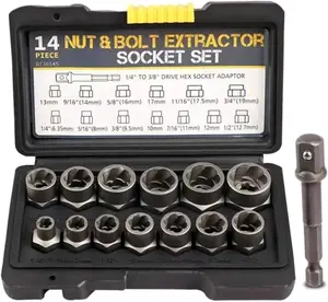 14-Piece Impact Bolt & Nut Remover Set, 3/8”Bolt Lug Nut Extractor Socket Tool Set, Damaged Bolt Nut Remover with Hex Adapter for Removing Stripped, Damaged, Rounded off and Rusted Bolts & Nuts