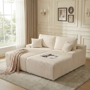 80" Oversized Double Chaise Lounge, Cloud Plush Sofa Bed with Deep Seat 4 Pillows, No Assembly Required Modern Corduroy Loveseat Sleeper Loveseat Chair for Living Room, Bedroom, Office, Beige