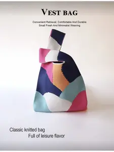 Mini Lightweight Foldable Floral Crochet Colorblock Patchwork Handbag Casual Shoulder Bag Stylish Camera Bag College Student Bag Vacation Bag Women's Bag Crochet Handbag Holiday Bag