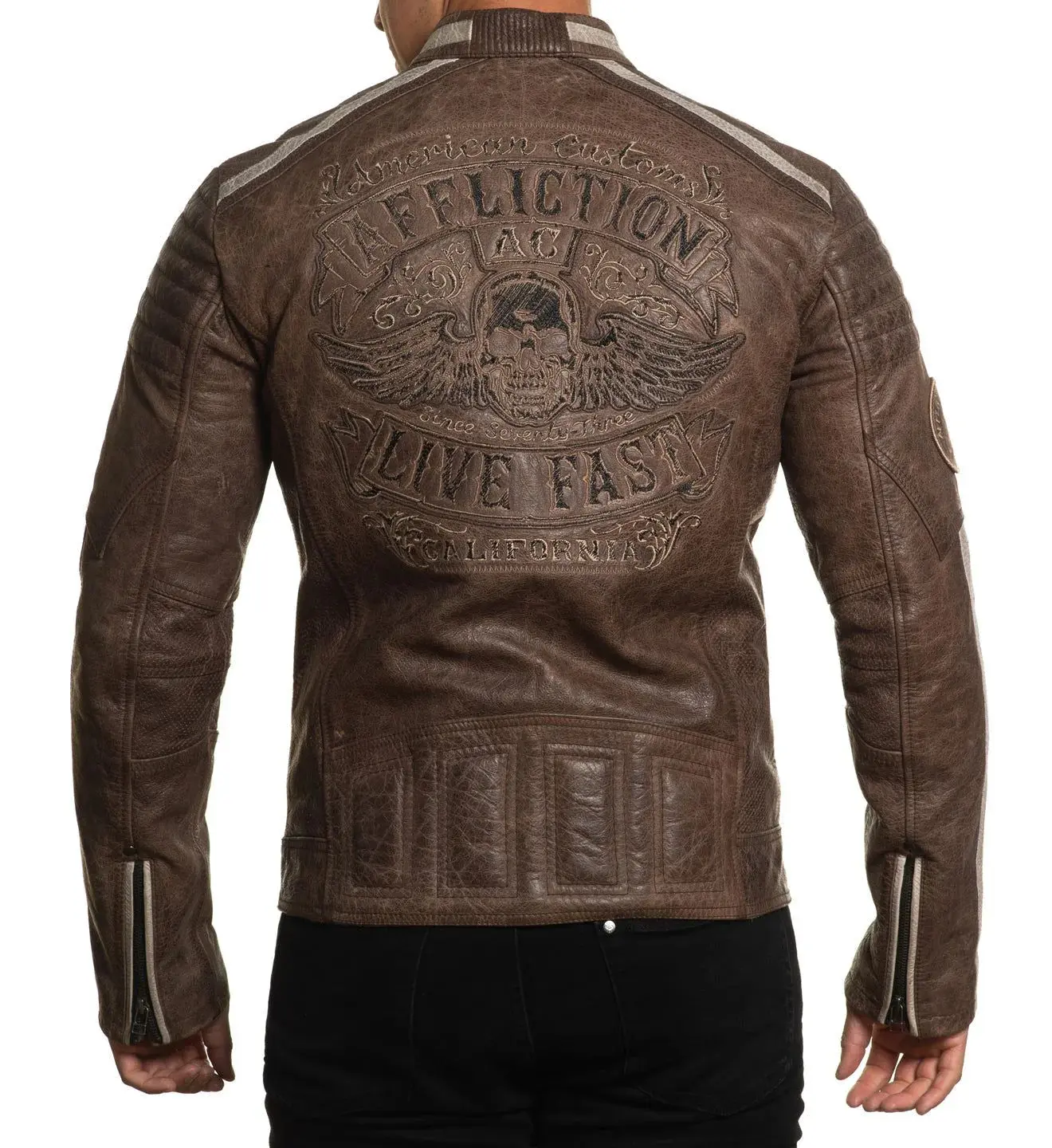 Affliction Men's Gothic 100% Leather Jacket with Black Skull Graphic, Casual Long Sleeve Front Zip Top for All Seasons