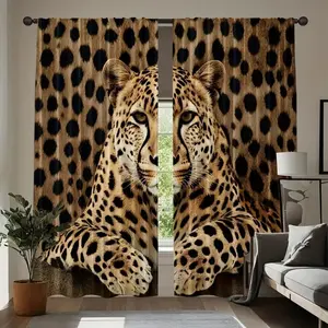 2 Piece Leopard Print Curtains, Transparent Design with Rod Pocket, Realistic Leopard Face Pattern, Polyester Material, Modern Home Decor, Window Curtain