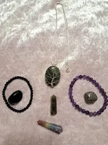 Intuition & Insight 7-Pc Energy Set - Labradorite  Obsidian Amethyst Chakra Double Terminated Crystal Gemstones Tree of Life Necklace Bracelets