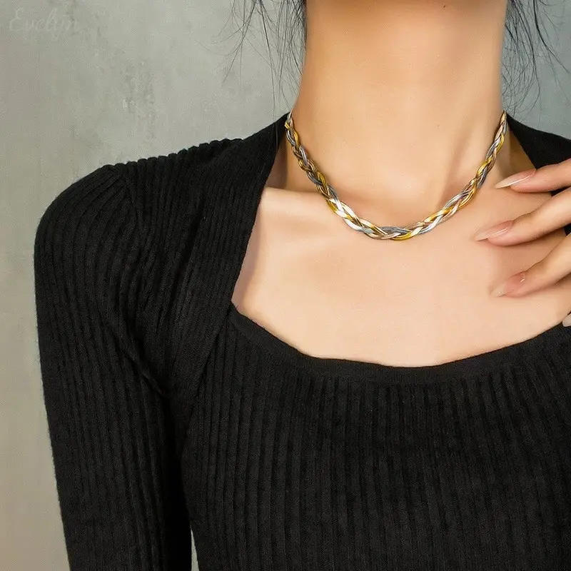 Braided Triple Flat Herringbone Snake Chain Necklace, 3 Tone Gold Silver Rose Gold Woven Choker, Anti-Tarnish Stainless Steel Stackable Layering Jewelry for Women Daily Styling, Women's Fashion, Jewelry Stack, Chain Accessory Necklaces, Choker Necklaces