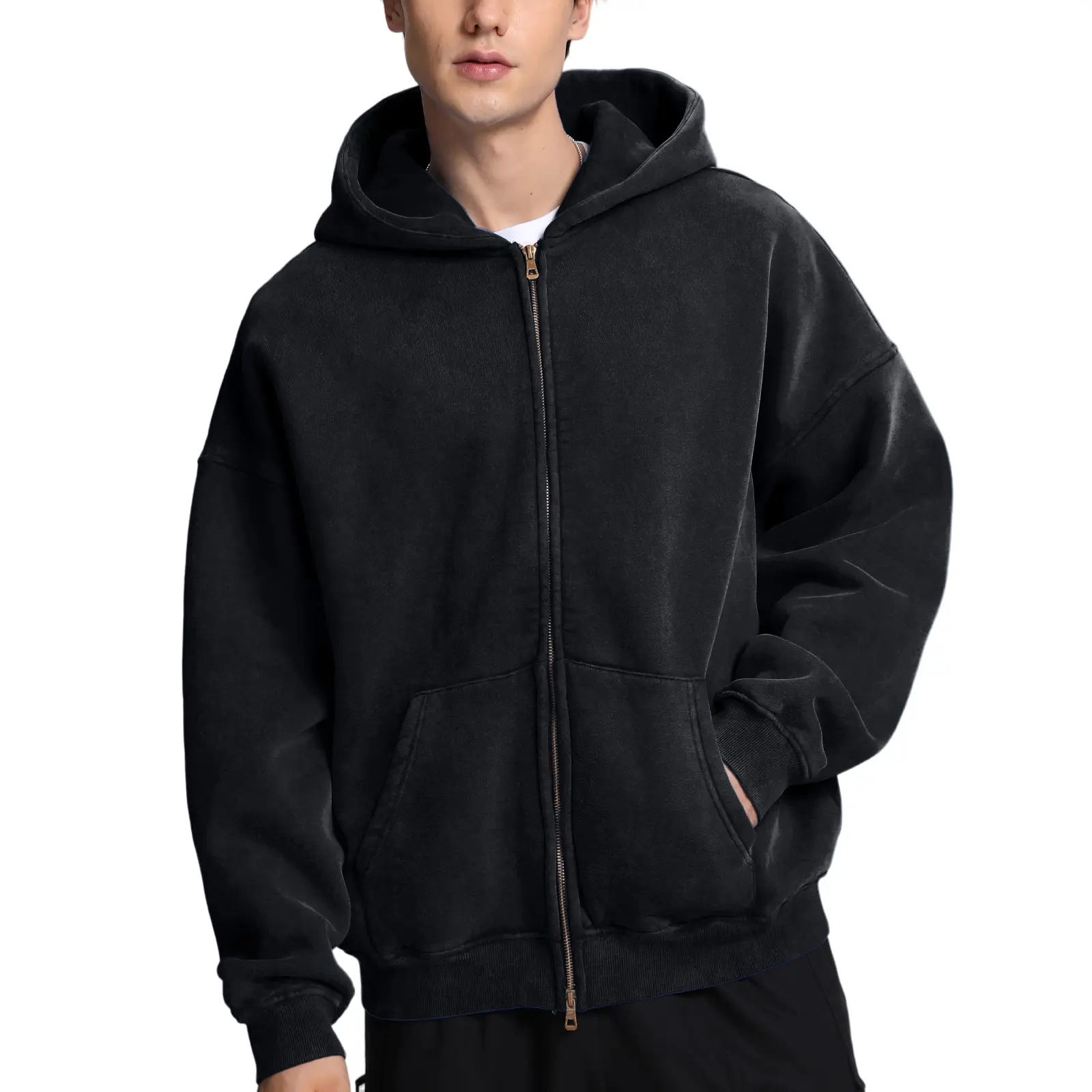 FAIABLE Unisex Double Zip Up Hoodie Oversized Acid Wash Heavyweight Fleece Cotton Zipper Hoodie Vintage Casual Soft Breathable Menswear with Pockets & Round Neck