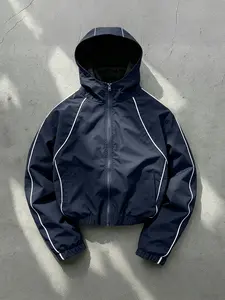 Men's Hooded Jacket with Reflective Stripes, Long Sleeves, Windproof Wrinkle-Resistant Fabric, Casual Fitted Design, All Seasons, Trendy Street Style Coats