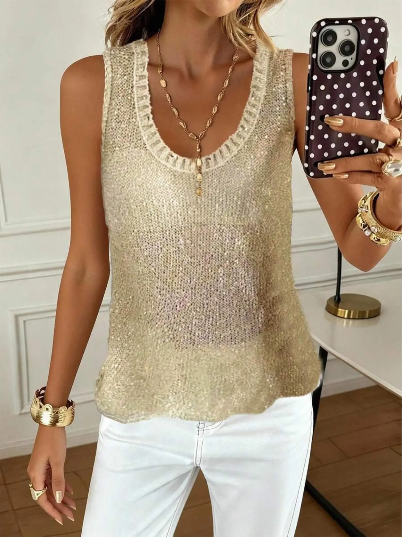 Women's Sparkling Shiny Round Neck Hollow Out Vest, Lightweight Comfortable Knit Fabric, Glitter Asymmetric Hem Sleeveless Top, Ideal for Parties, Clubs, Vacations & Daily Wear, Women's Going Out Top, Womenswear, Summer