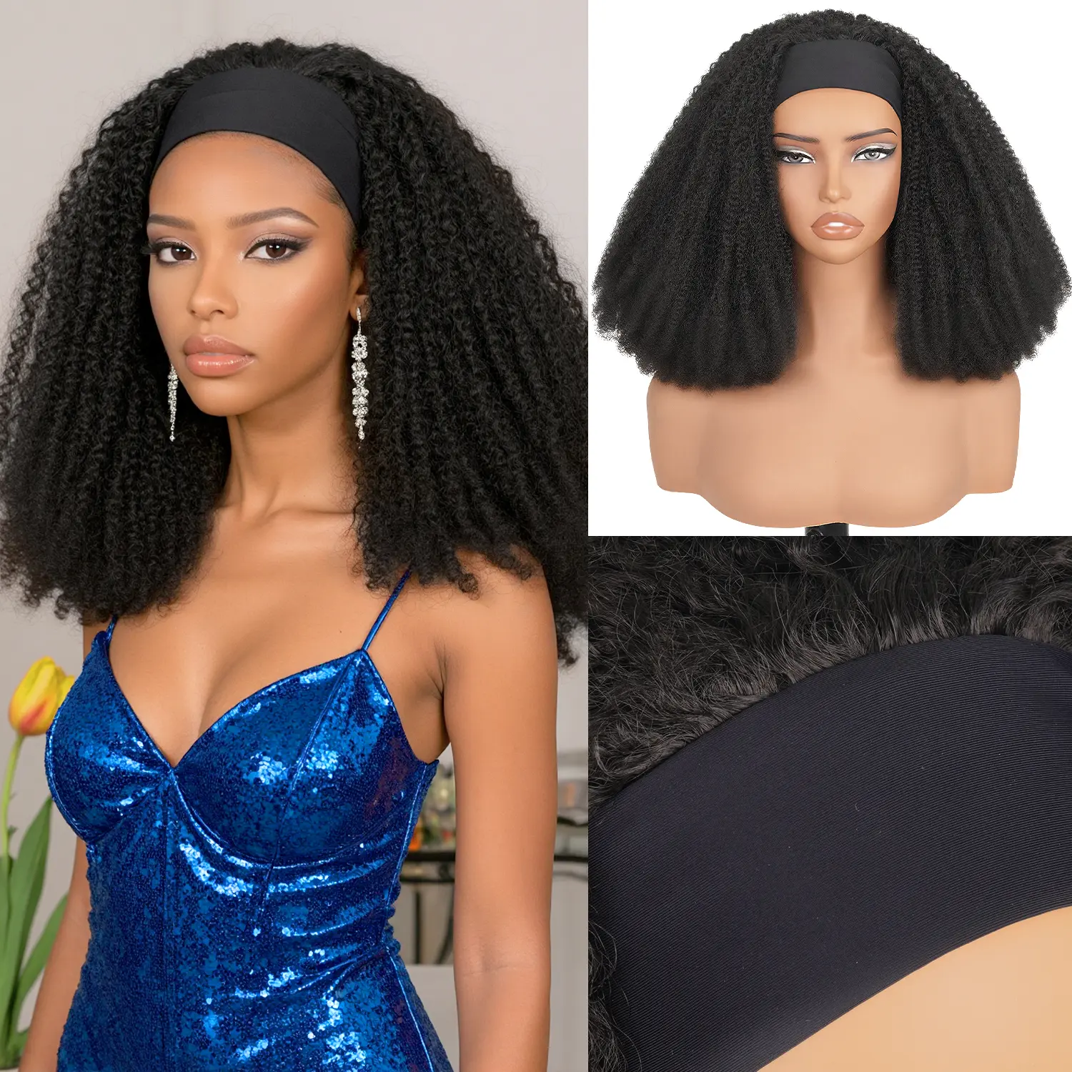 【Biggest Sale】Ourwigs Black Kinky Curly Headband Wig for Women Synthetic Afro Kinky Curly wig with Headband 16IN Attached Scarf Deep Wave Black Headband Wig Wrap Wig with Headbands Attached Scarf Wig for Beginners Christmas Gifts Thanksgiving