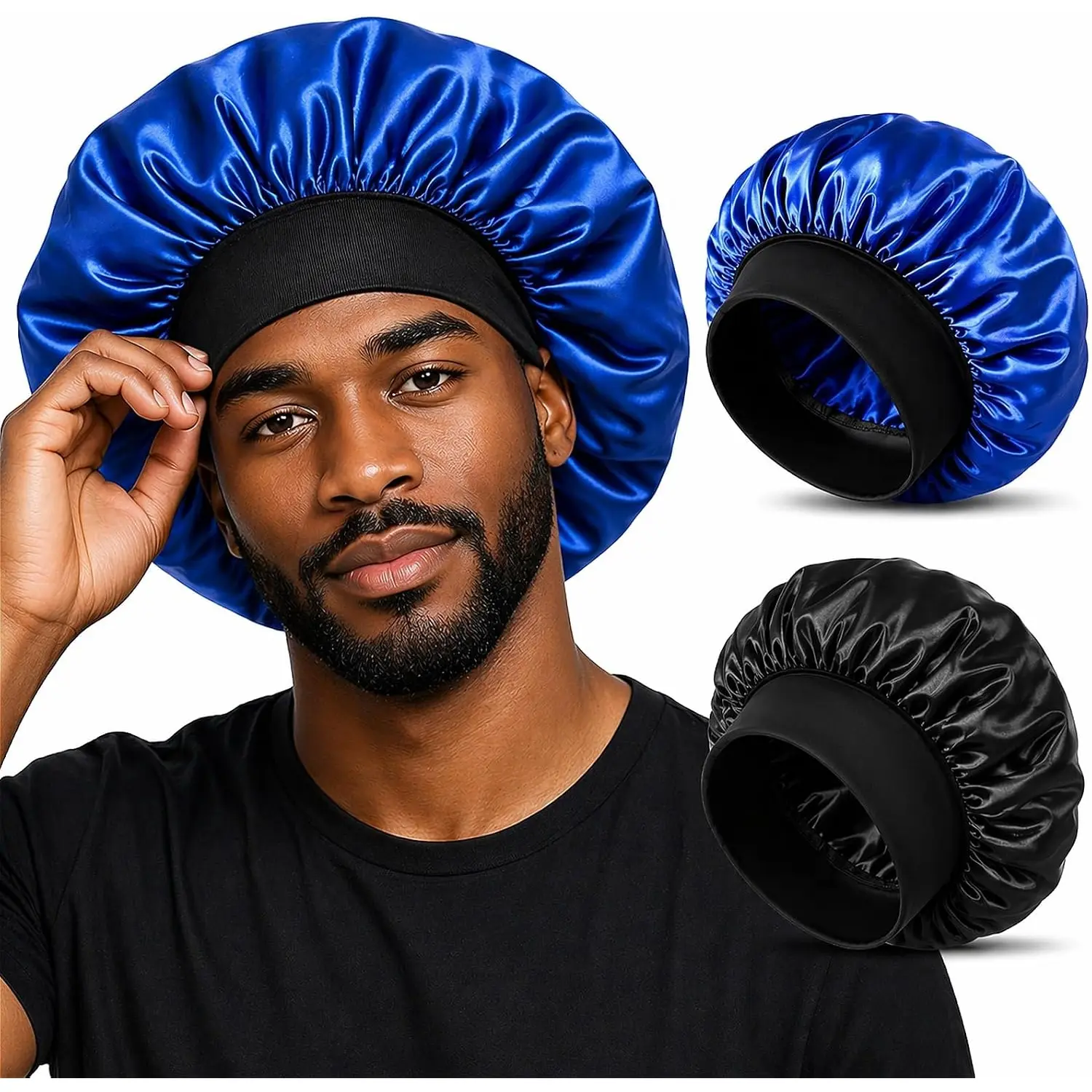 2 Pack Men's Satin Bonnet, Smooth and Lightweight Sleep Cap for Casual Haircare, Breathable Stretch Fit for Locs and Braids, Everyday, Hair Bonnets, Night Cap, For Curls, Haircare Bonnet