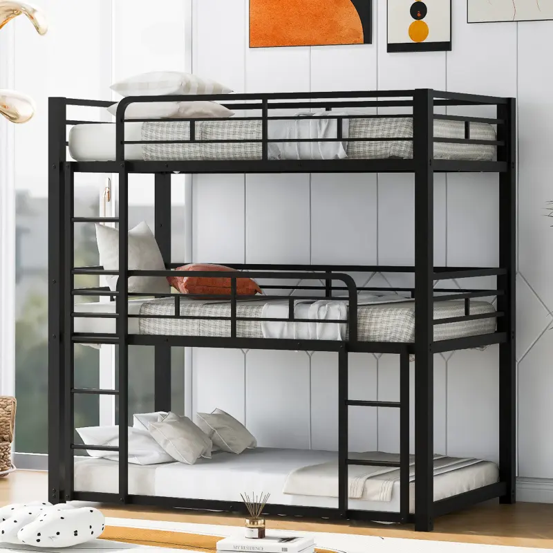 Bellemave Metal Twin Size Triple Bunk Loft Bed, Black Space-Saving Sleeper with Sturdy Construction, Safety Guard Rails and Easy Assembly