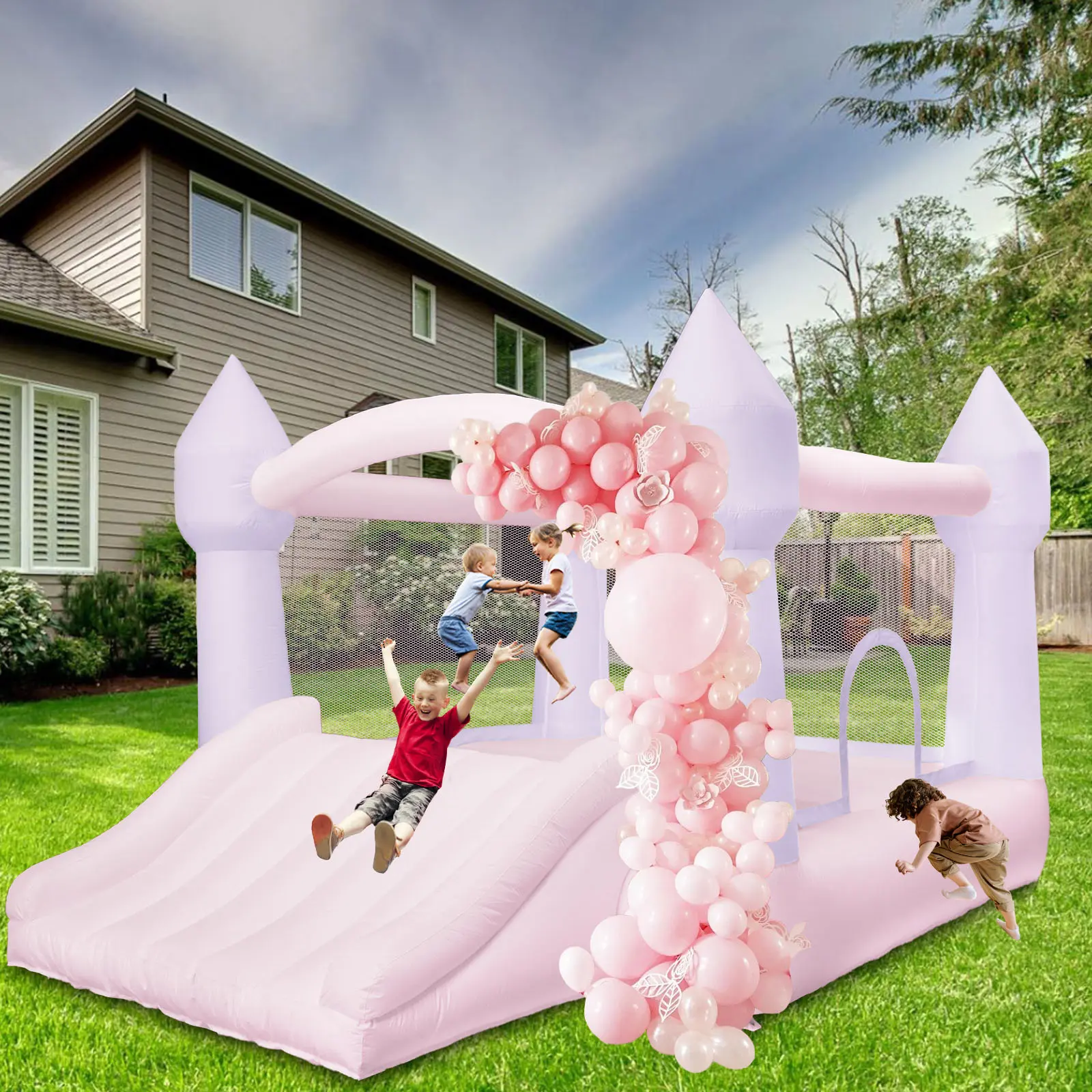 AKSPORT Inflatable Bounce House,White Castle Bounce House for Kids 3-6 Indoor & Outdoor Inflatable Bouncer House with Slide & Air Blower & Balloons for Kids Birthday Party,Wedding Party