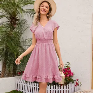 Women's Elegant Short Sleeve V Neck Swiss Dot Dress Pink Babydoll Galentines Dress Old Money Trendy Summer Beach Honeymoon Outfits Barbie Outfit 100% Polyester Casual Basic Butterfly Cute Minimalist